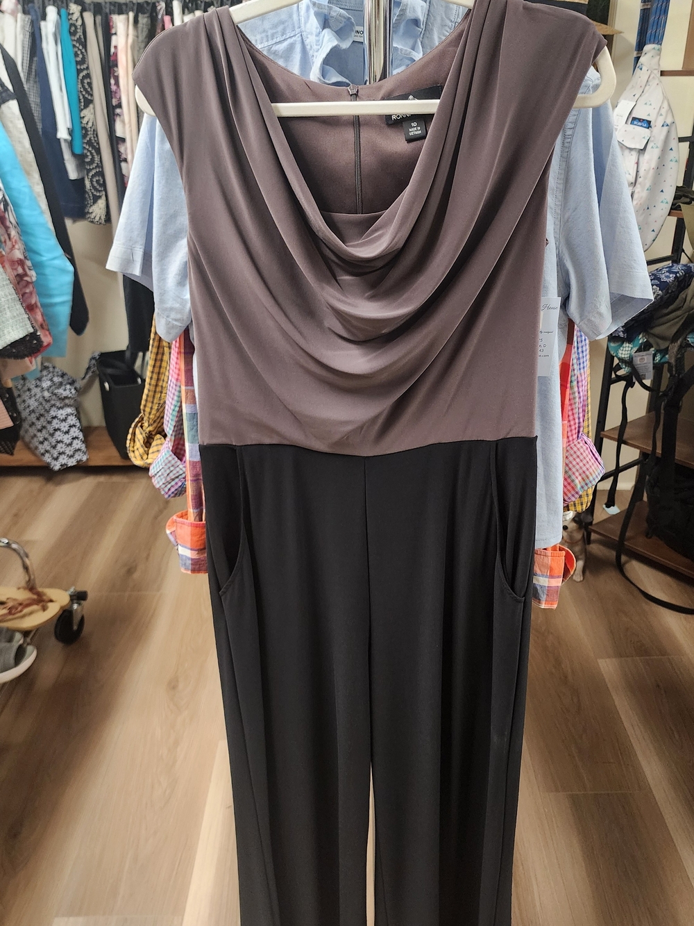 Draped Neck Two-Tone Jumpsuit - Black & Taupe